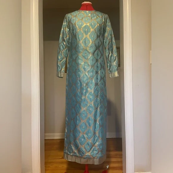 Vintage | Dresses | Vintage 6s 70s Asian Longsleeve Shift Dress Blue W Gold  Design Maxi Gown | Poshmark